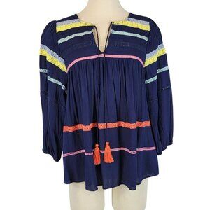 Studio Blouse Womens Small Boho Peasant Navy Multicolor Cottagecore Flowy Y2K